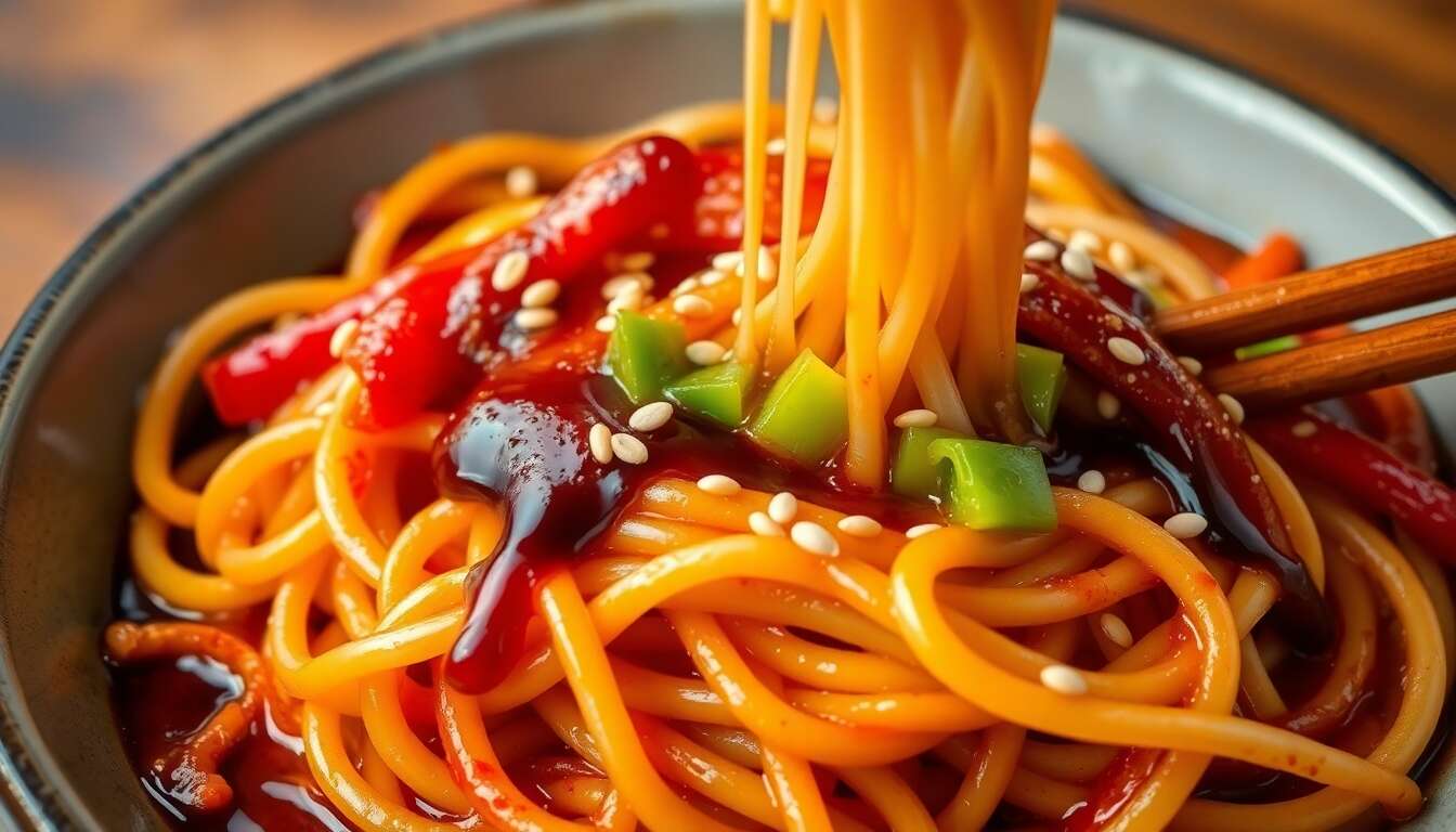 Recette authentique de Paldo Bibimmyeon : nouilles coréennes piquantes