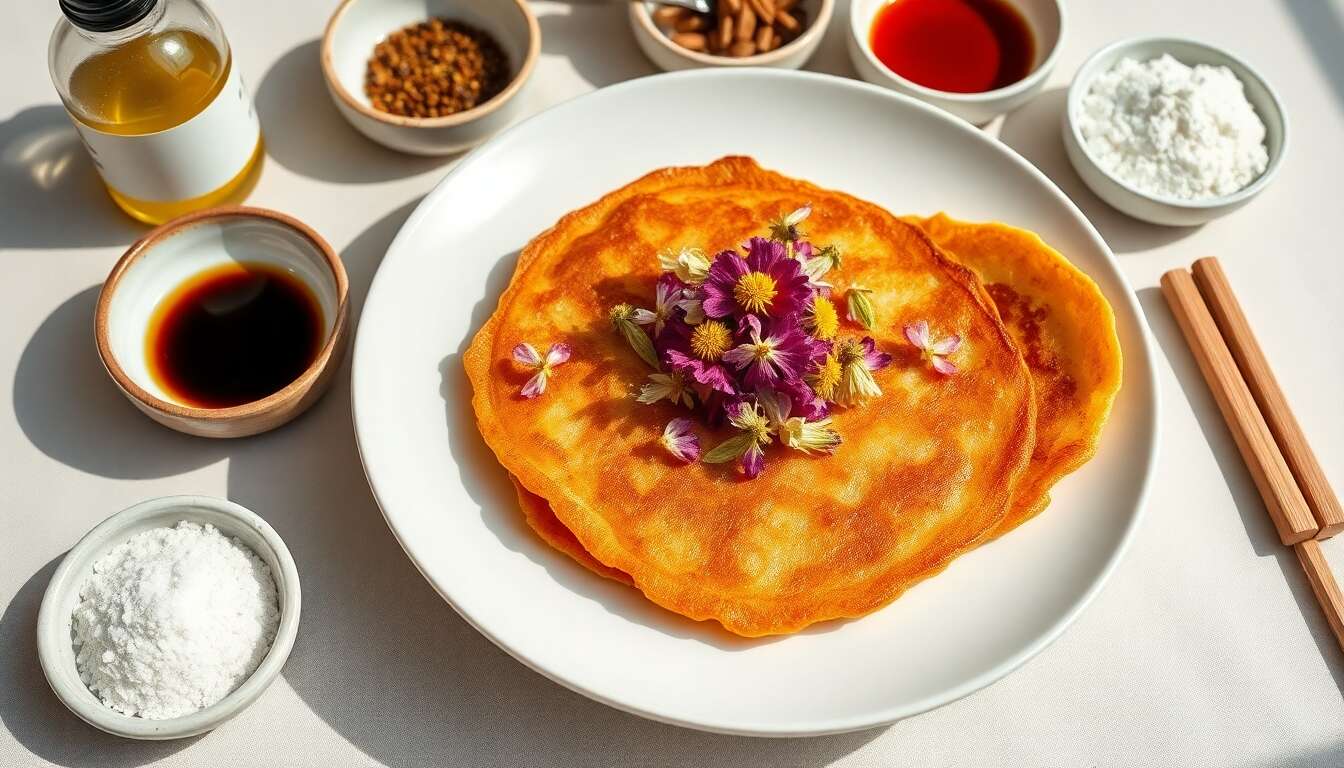 Recette de Kkochijeon : crêpes coréennes aux fleurs comestibles.