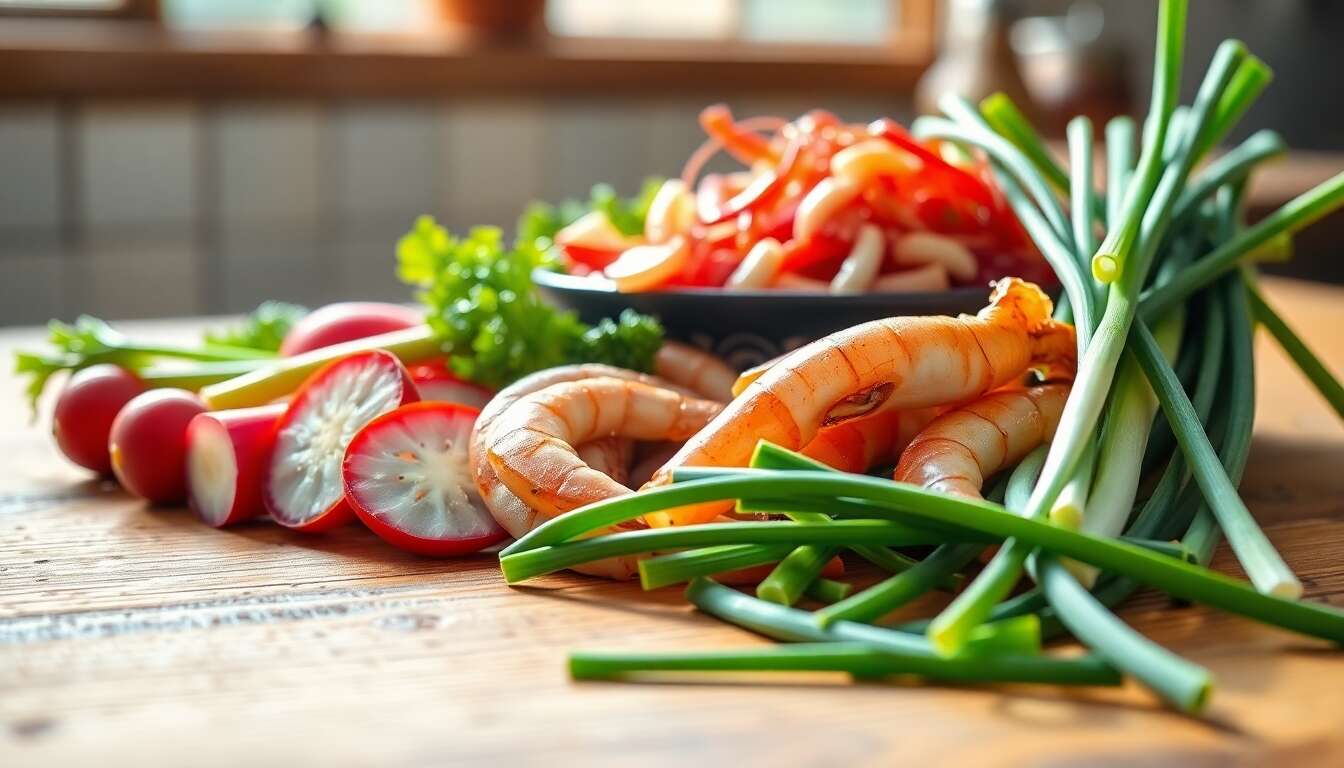 Les ingr&eacute;dients secrets : radis, crevettes et oignon vert