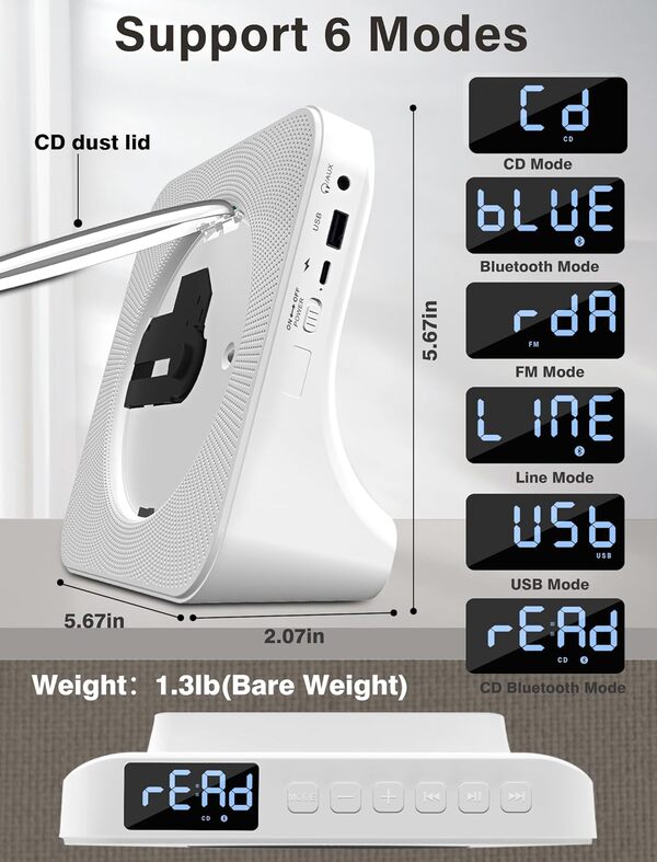 Lecteur de musique portable Kpop avec haut-parleur HiFi, lecteur CD avec Bluetooth, télécommande, écran LCD, minuteur, prise casque, prend en charge CD/Bluetooth/radio FM/U-Disk/AUX pour la maison