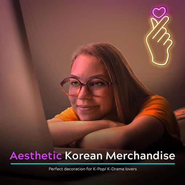 Enseigne néon à DEL en forme de cœur avec pouce sud-coréen pour les fans de K-pop et de K-drama – Symbole d'amour mignon coréen pour mur, chambre, salle de jeux