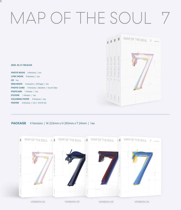 BTS Bangtan Boys - Map of The Soul : 7 albums + affiche pliée + cartes photos supplémentaires 1 + 2 + 3 + 4. Set