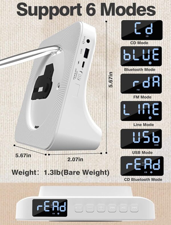 Lecteur CD portable Bluetooth : lecteur de musique Kpop rechargeable 4000 mAh avec haut-parleur Hi-Fi, télécommande