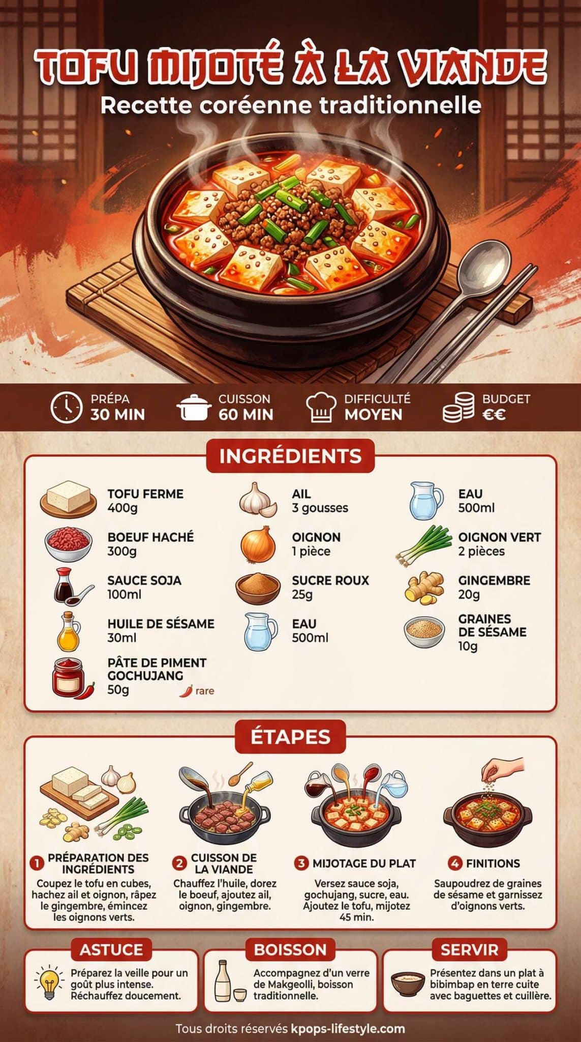 Infographie de la recette Tofu mijoté à la viande : recette coréenne traditionnelle Infographie de la recette Tofu mijoté à la viande : recette coréenne traditionnelle