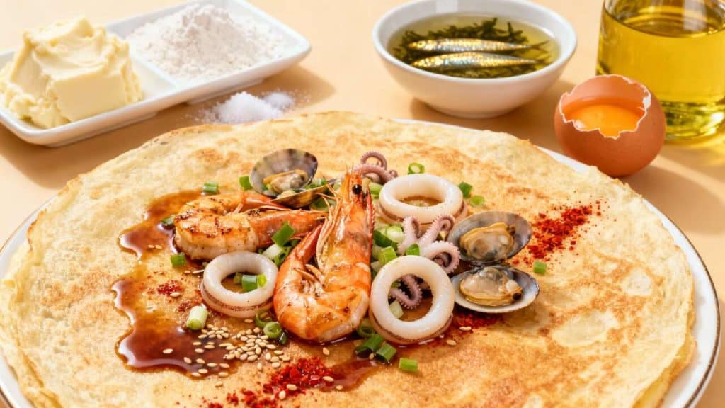 Crêpe coréenne aux fruits de mer et ciboule