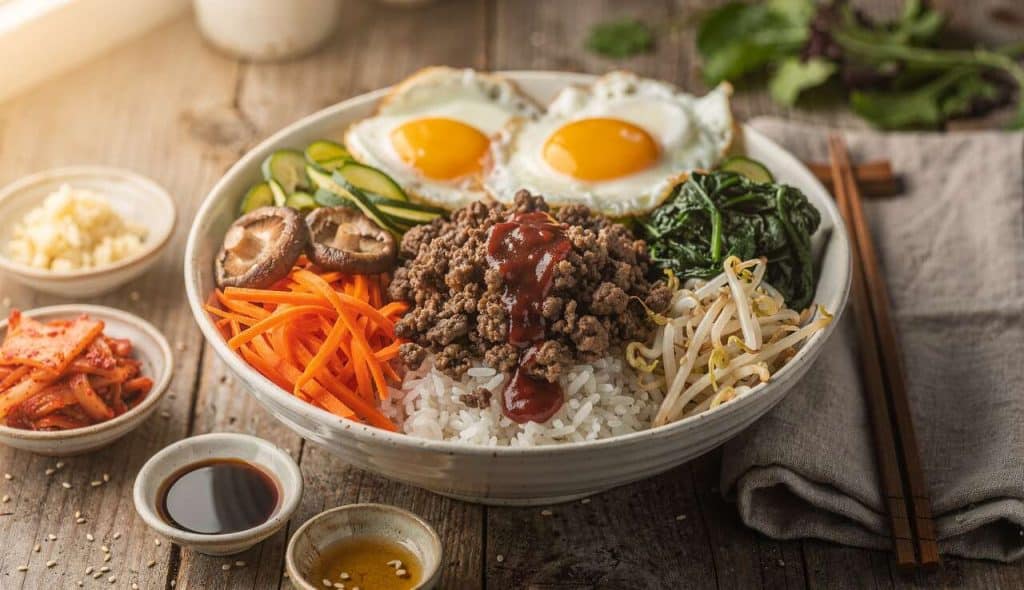 Bibimbap express : riz, légumes et viande à mélanger