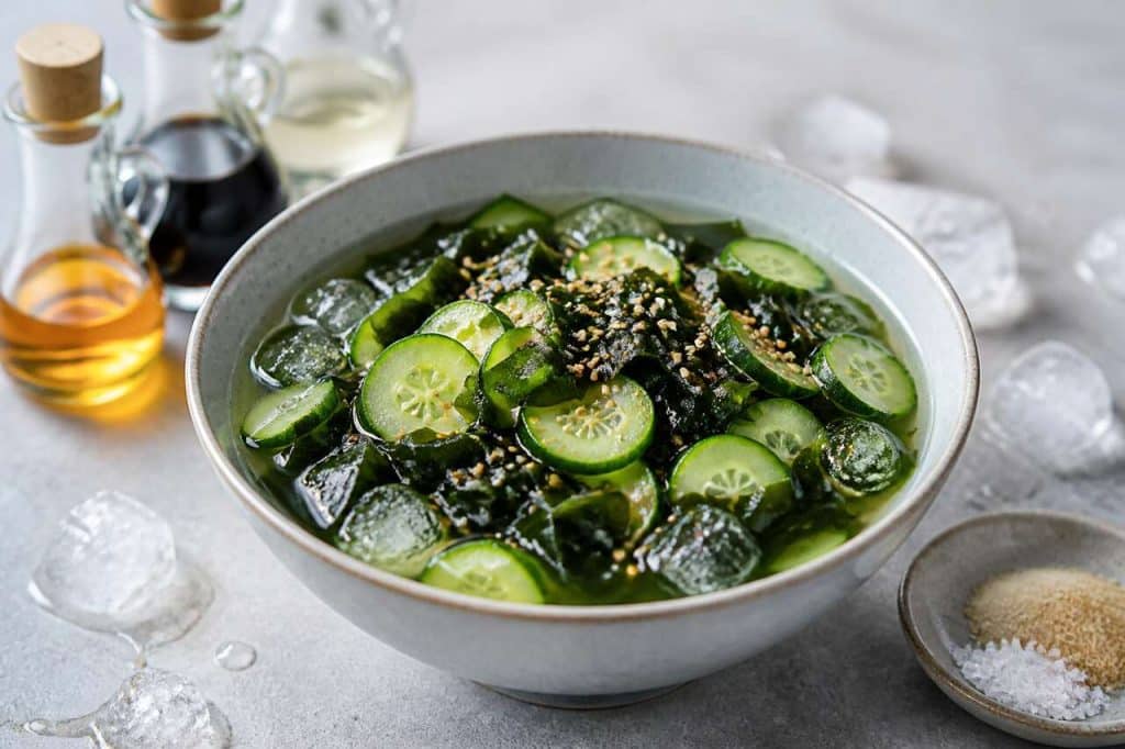 Soupe froide coréenne aux concombres et algues : recette Oi Miyeok Naeguk