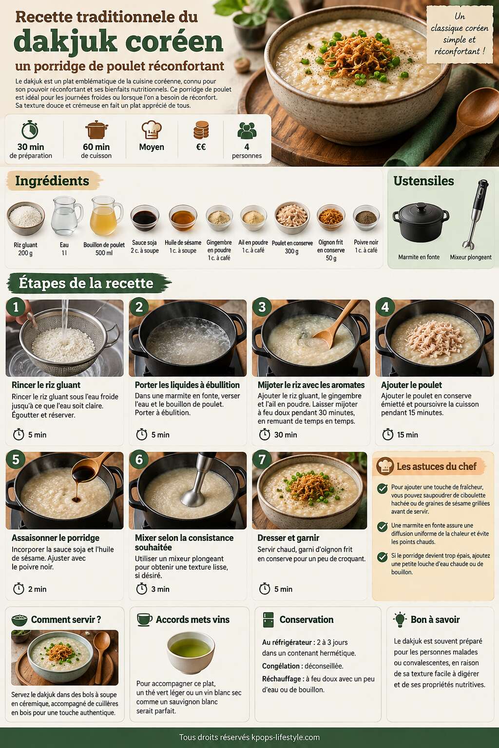 Fiche recette Recette traditionnelle du dakjuk coréen : un porridge de poulet réconfortant Fiche recette Recette traditionnelle du dakjuk coréen : un porridge de poulet réconfortant