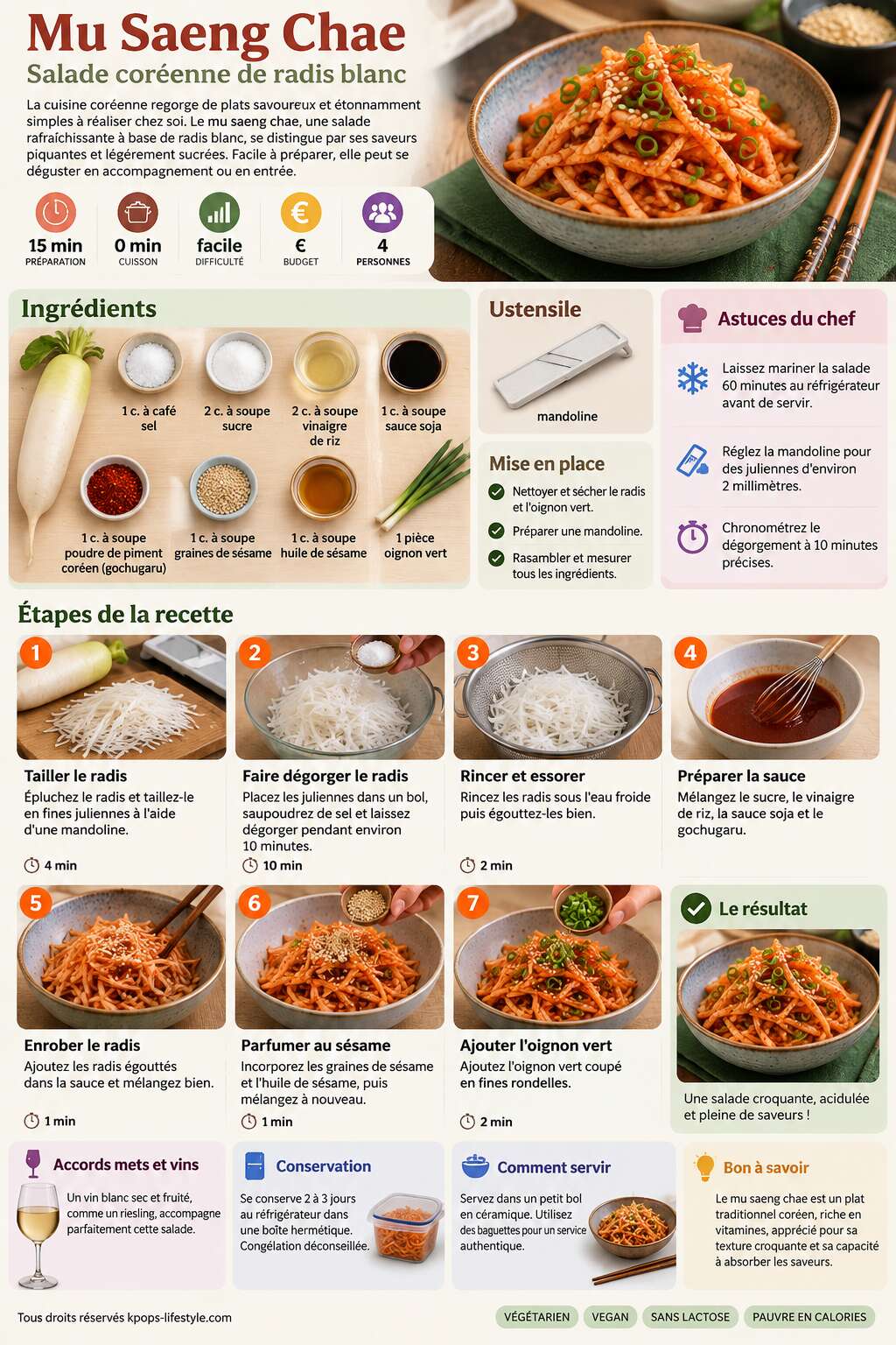 Fiche recette Recette authentique de Mu Saeng Chae : salade coréenne de radis blanc Fiche recette Recette authentique de Mu Saeng Chae : salade coréenne de radis blanc